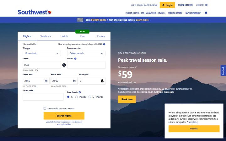 southwest.com homepage